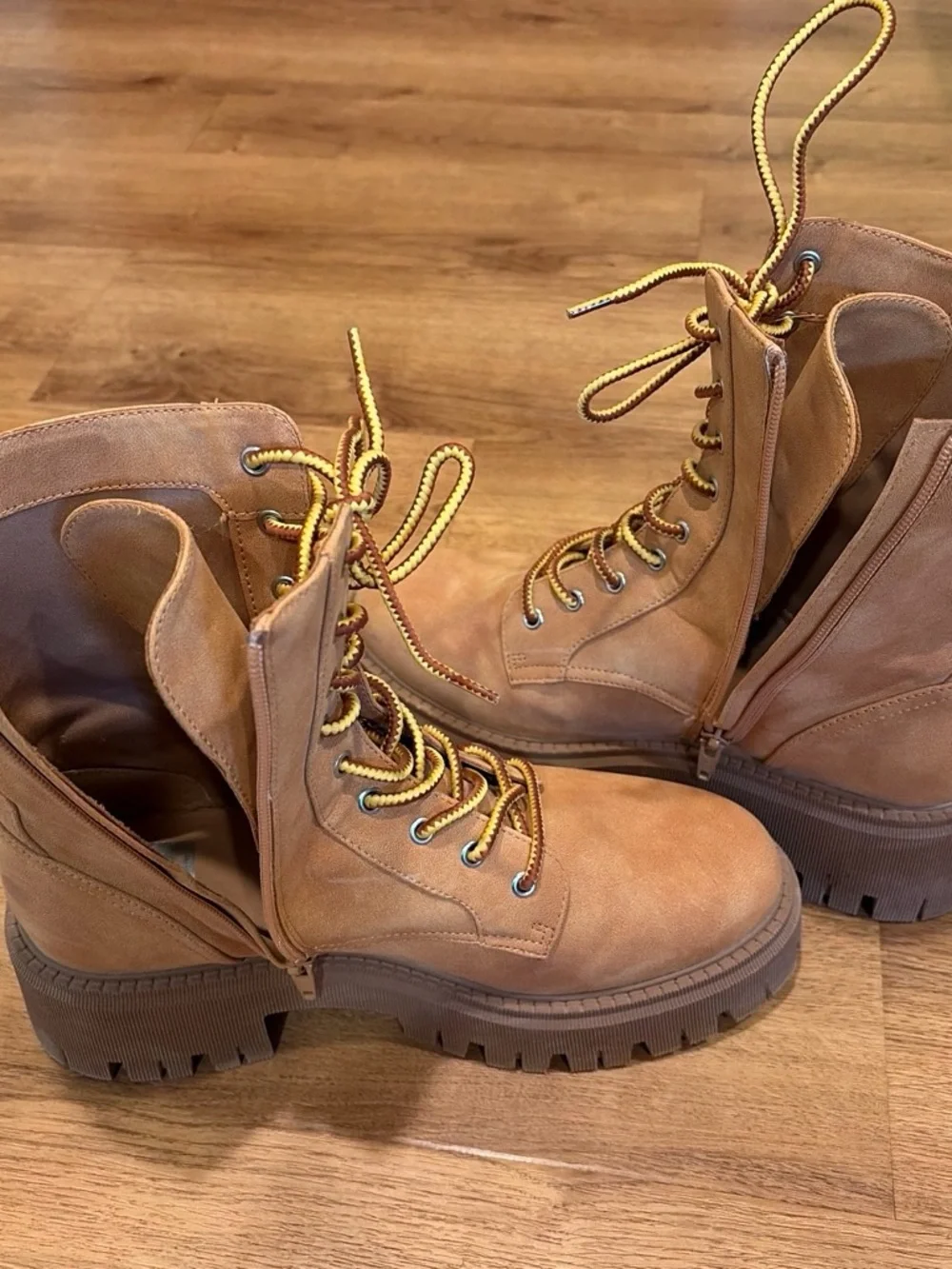 Dolce Vita Tan Lace-Up Combat Boots with Yellow-Trim Laces